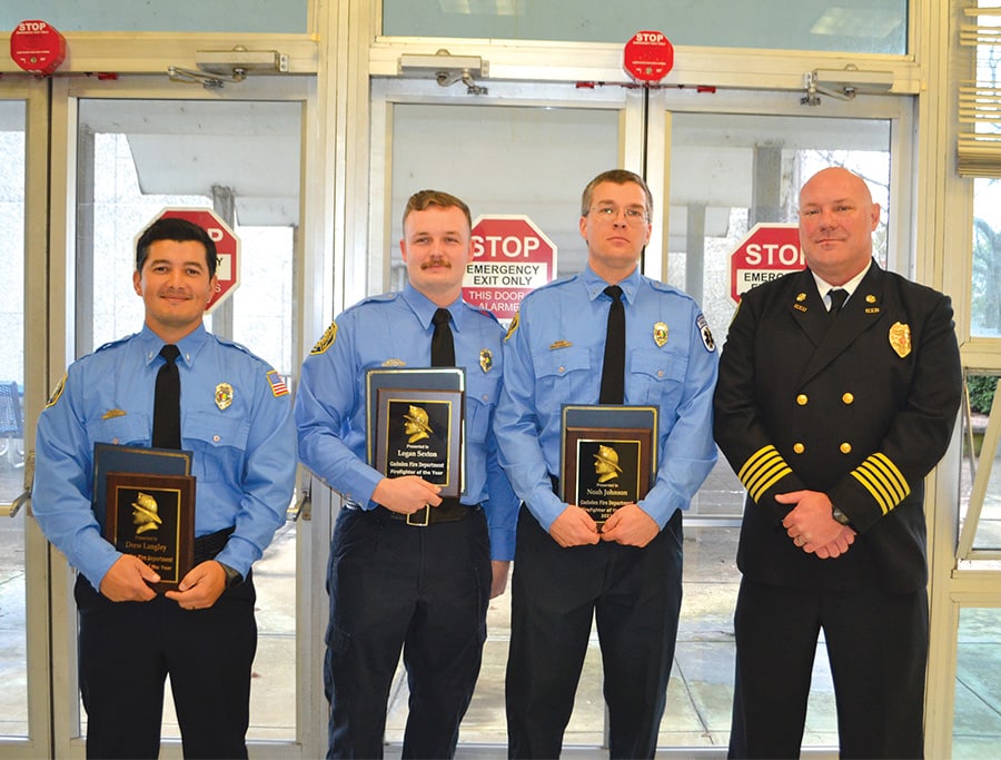 Three firefighters of the City of Gadsden Fire Department were recently named Firefighter of the Year for their exemplary service. The firefighters accepted the honors and were recognized by City of Gadsden Mayor Craig Ford at the December 13 City Council meeting. Pictured, from left: firefighters Drew Langley, Logan Sexton, Noah Johnson and GFD Fire Chief Wil Reed.