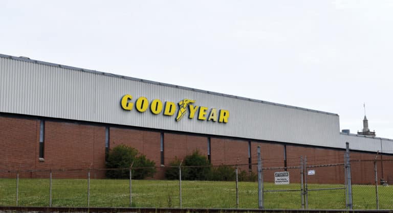 The former Goodyear plant, as seen from the road.